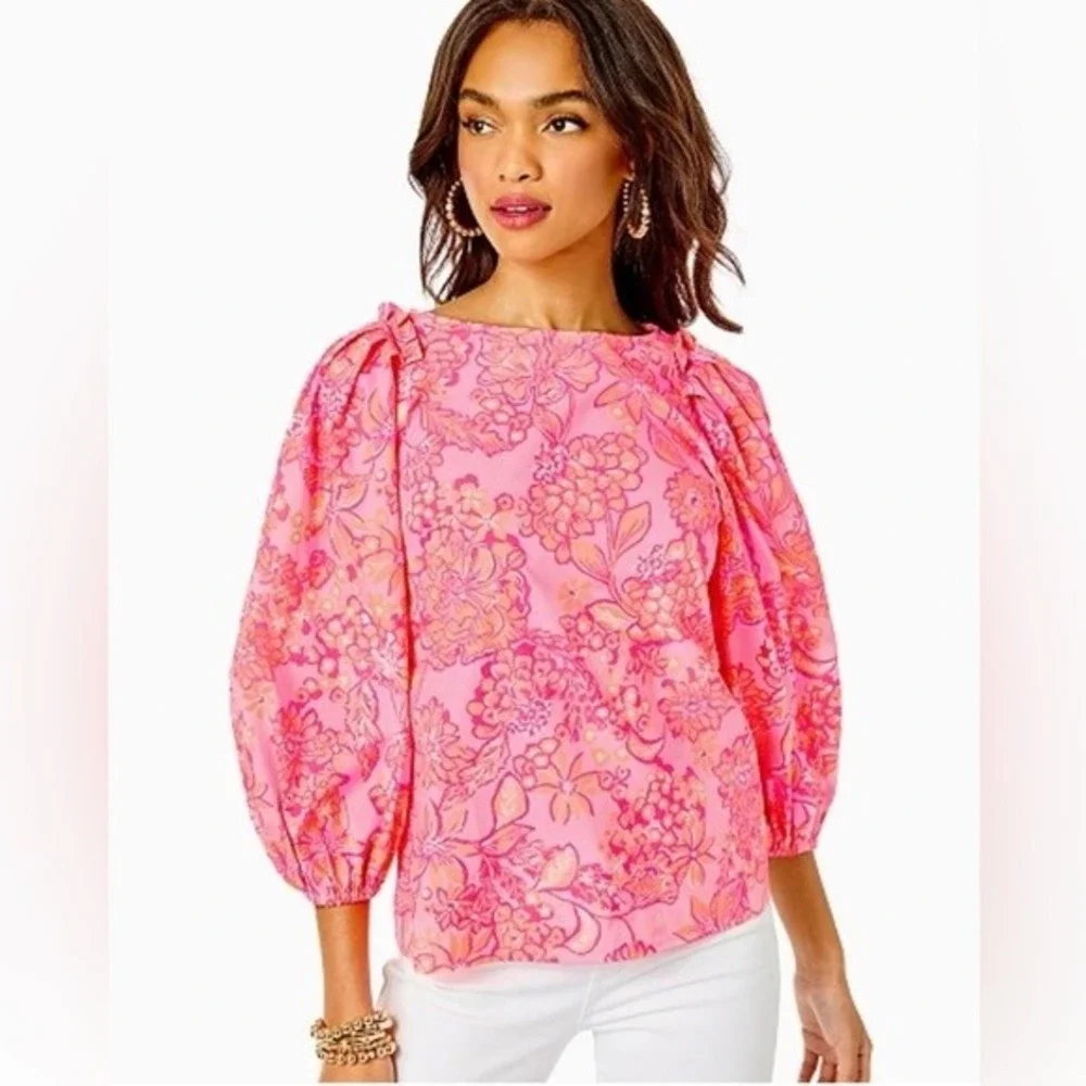 Lilly Pulitzer Pink Orange Floral Puff Sleeve Cotton Blouse Top XS
